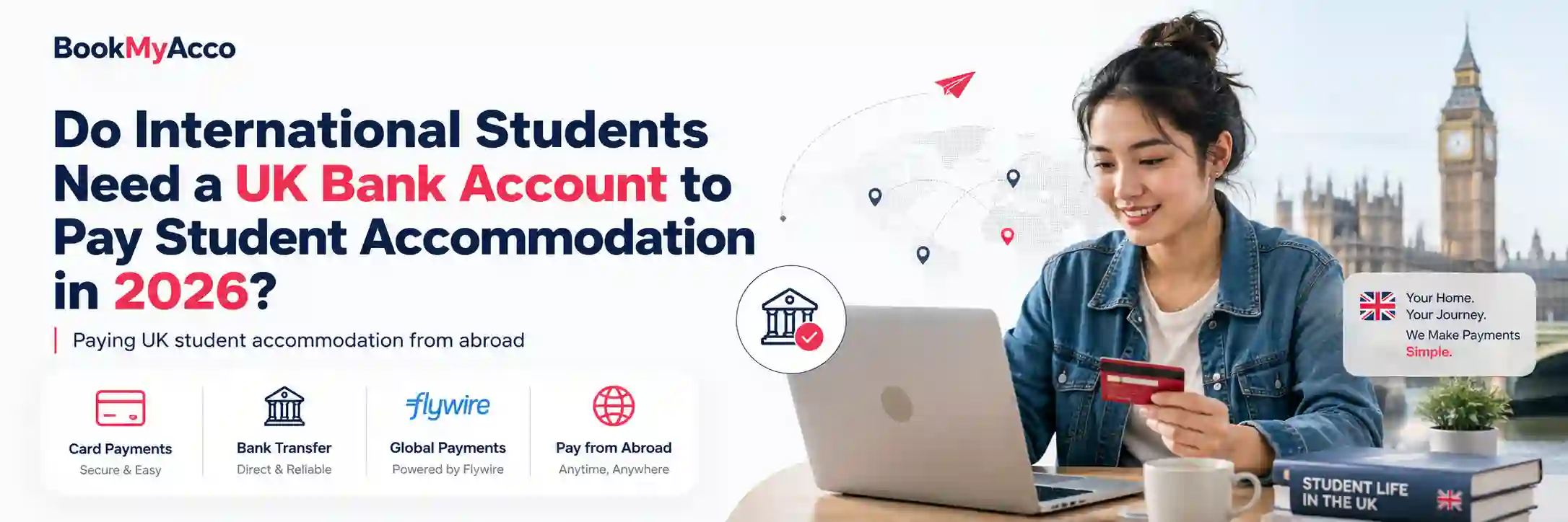 International student comparing UK accommodation payment methods including Direct Debit, Flywire, cards and bank transfers